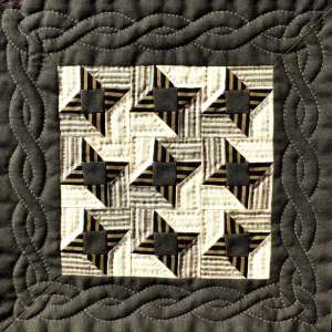 Quilted cable border around brown patchwork stars