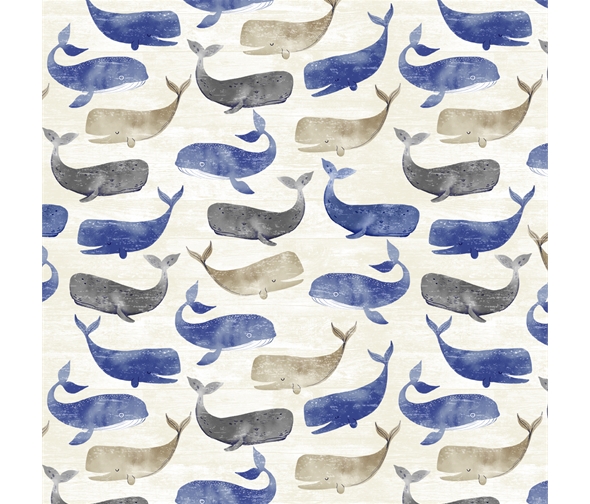 Grey blue and navy whales on a neutral background